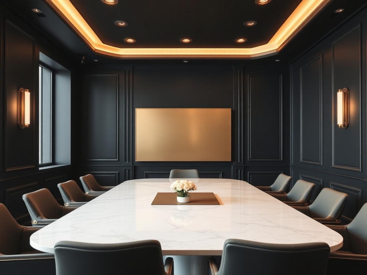 Elegant dark boardroom with marble table and champagne gold lighting